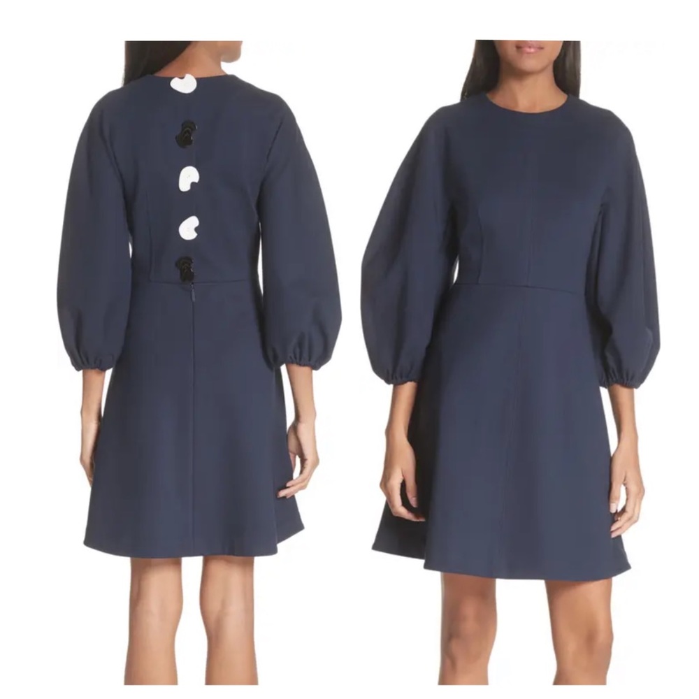 Tibi Bond Stretch Knit Fit & Flare Dress Button Back Navy